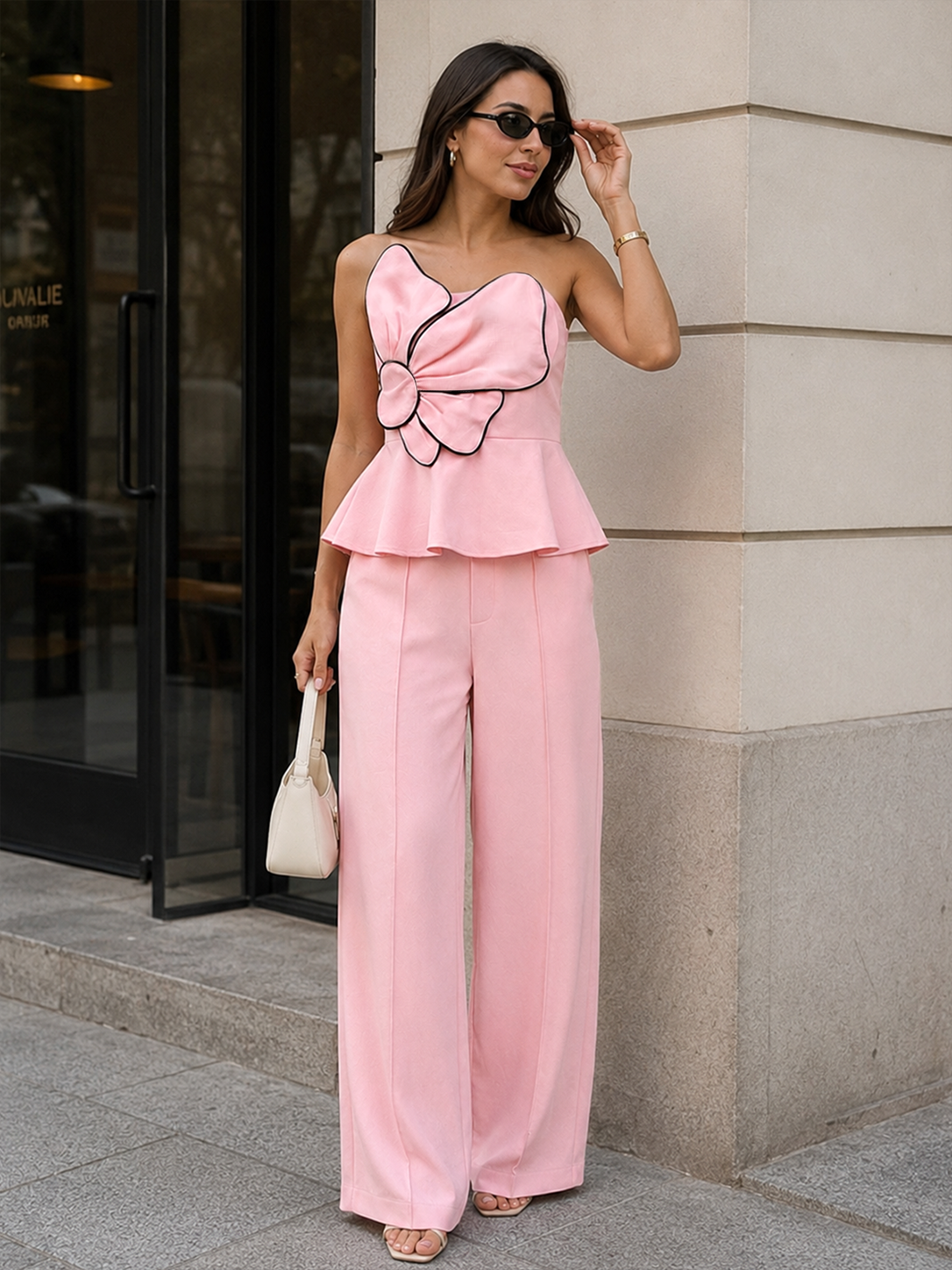 Strapless Flower Peplum Top & Pants Set