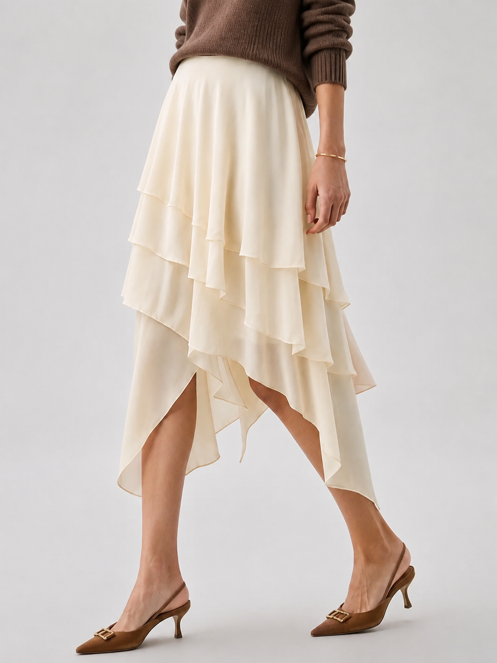 Semi-Sheer Tiered Ruffle Irregular Midi Skirt