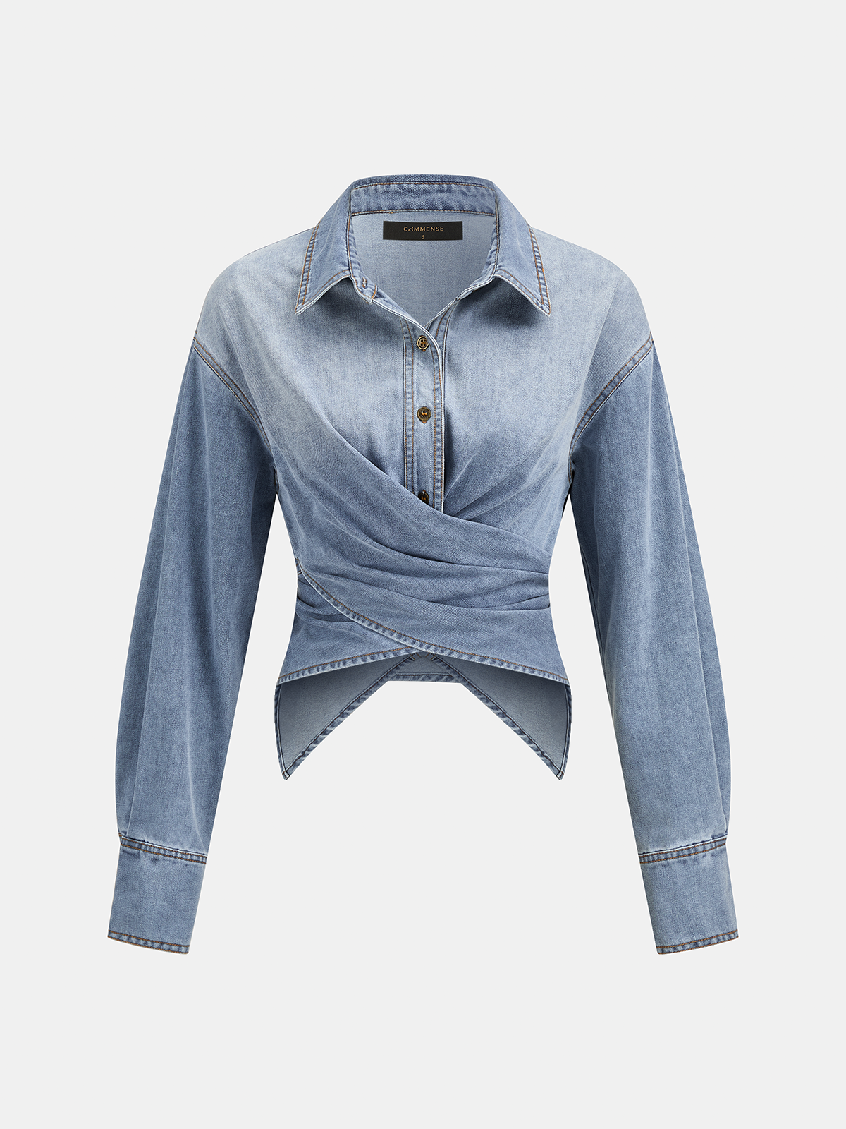 Cross‑Waist Long Sleeve Denim Shirt