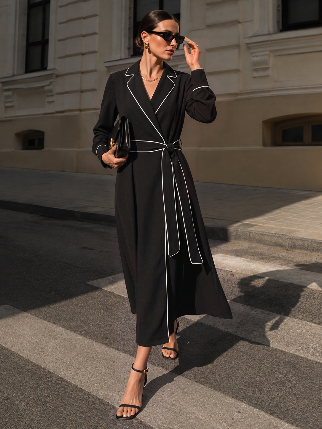Belted Contrast Piping Lapel Wrap Midi Dress