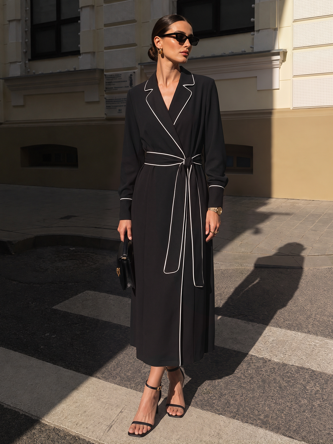 Belted Contrast Piping Lapel Wrap Midi Dress