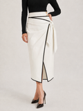 Contrast Piping Faux Leather Wrap Midi Skirt