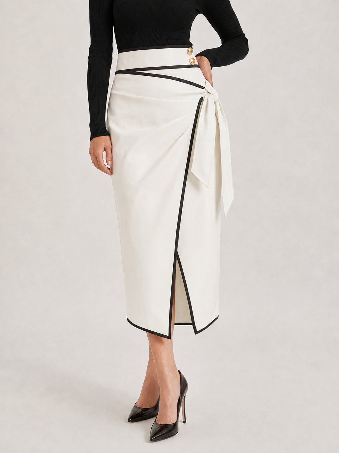Contrast Piping Faux Leather Wrap Midi Skirt
