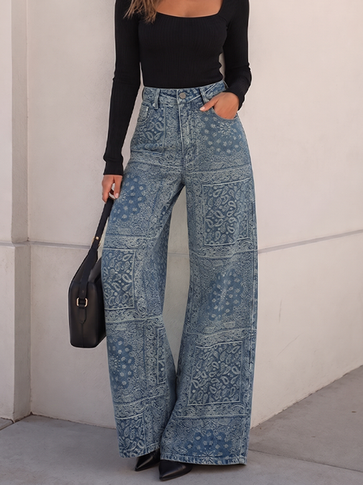 Bandana Pattern Denim Straight Pants