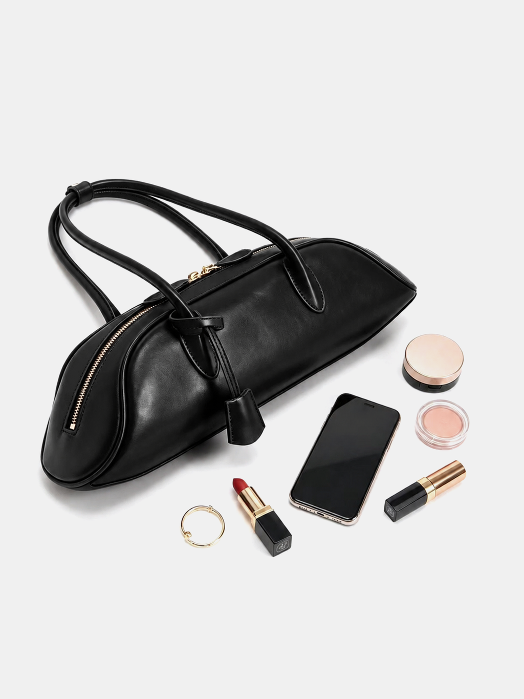 Minimalist Curved Zip‑Top Handbag