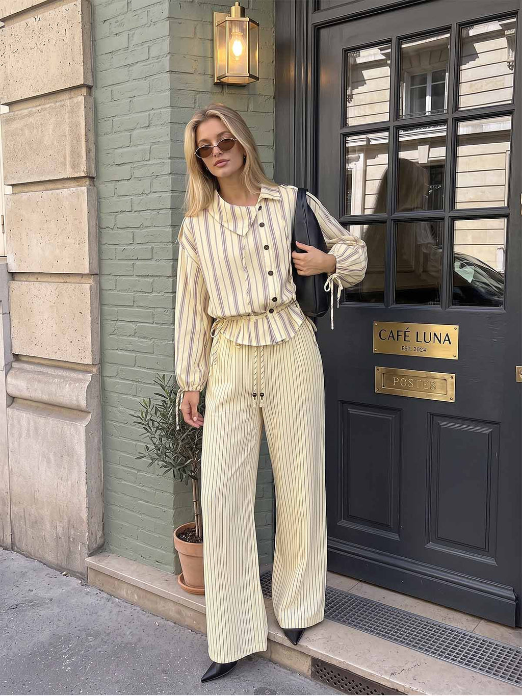 Striped Drawstring Two‑Piece Pants Set