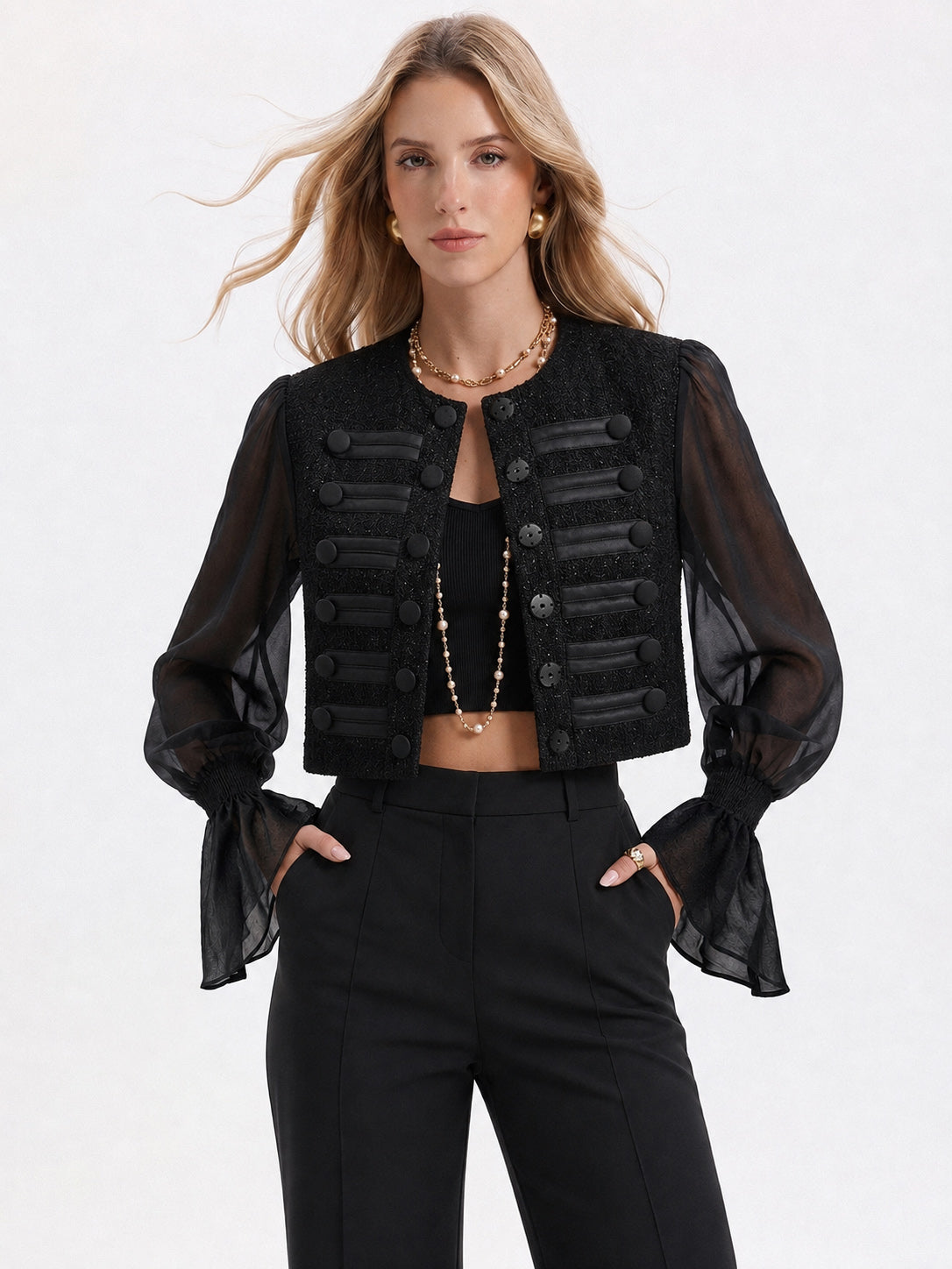 Sheer Sleeve Napoleon Wool Blend Cropped Jacket
