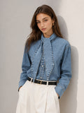 Tie-Neck Denim Long Sleeve Shirt