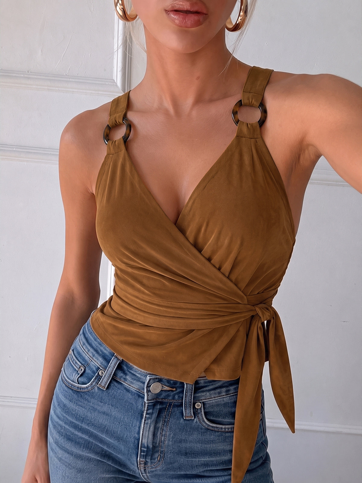Suede Effect Ring Strap Wrap Tie Cami Top