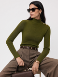 Mock Neck Shoulder Decorative Button Rib Knit Top