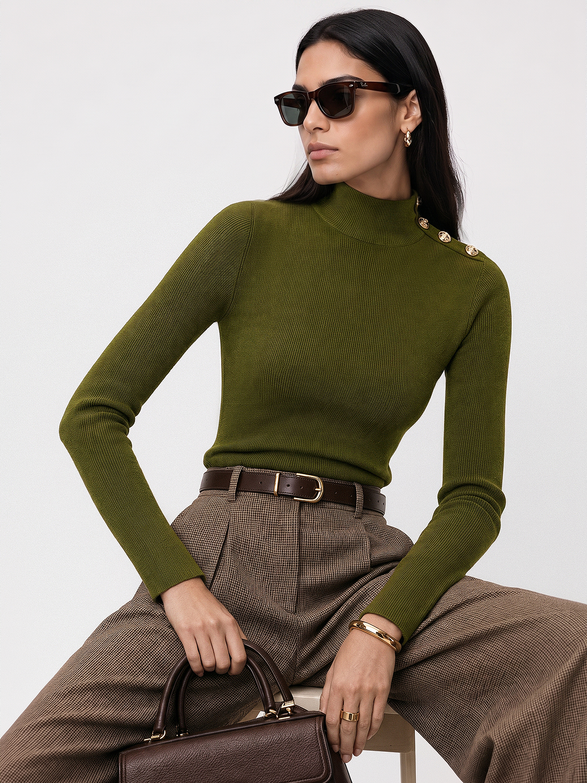 Mock Neck Shoulder Decorative Button Rib Knit Top