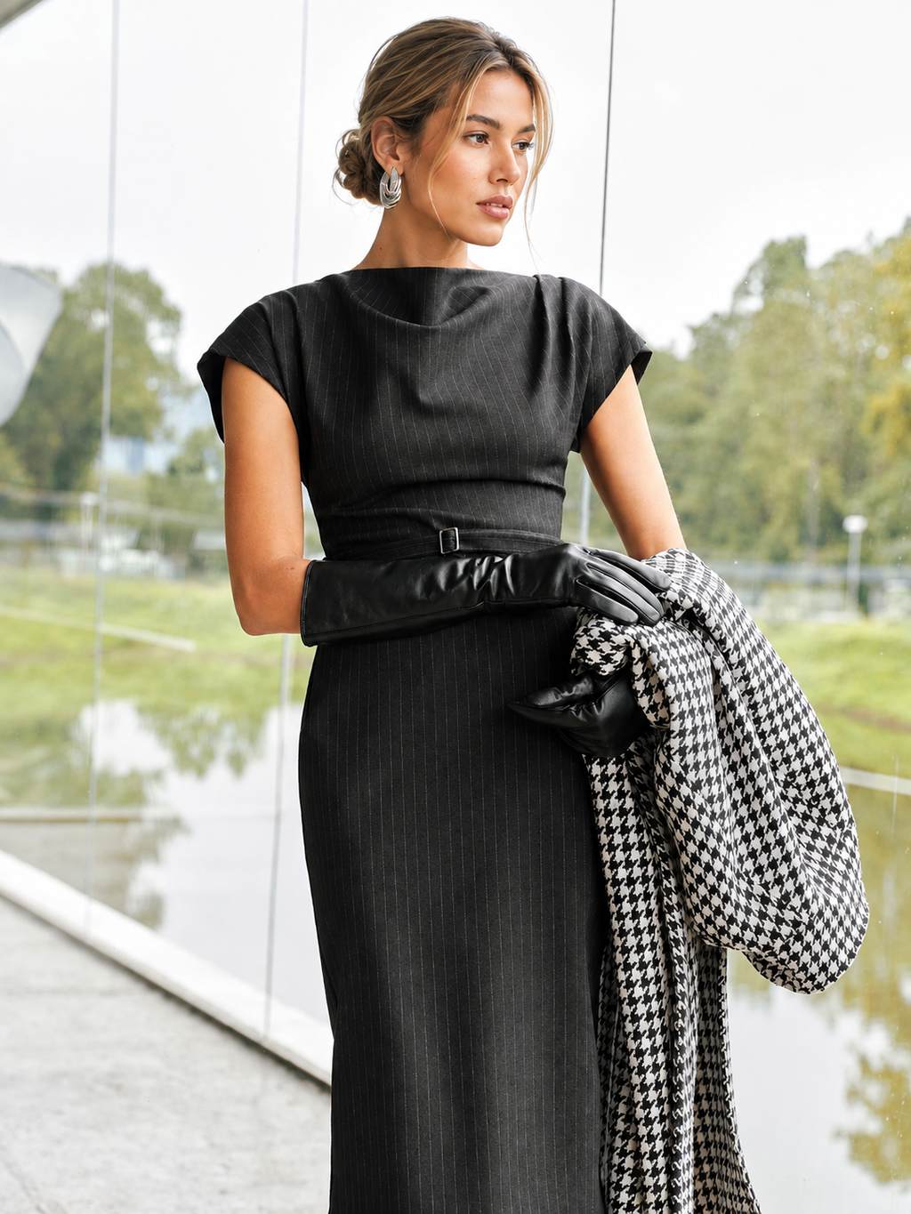 Pinstripe Cap-Sleeve Belted Maxi Dress