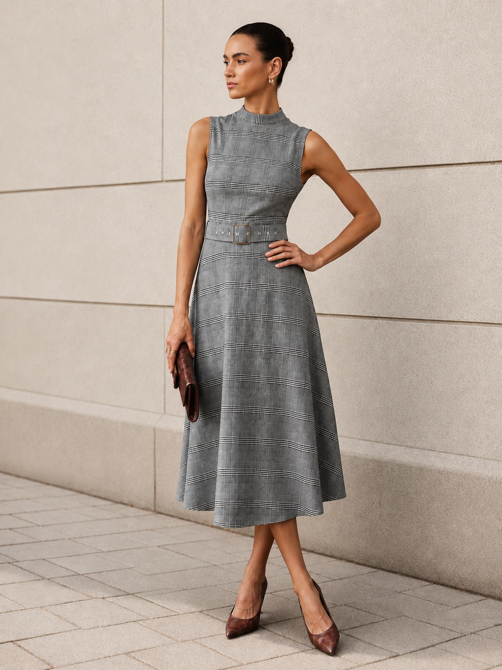 Plaid Stand Collar Belted Maxi Dress