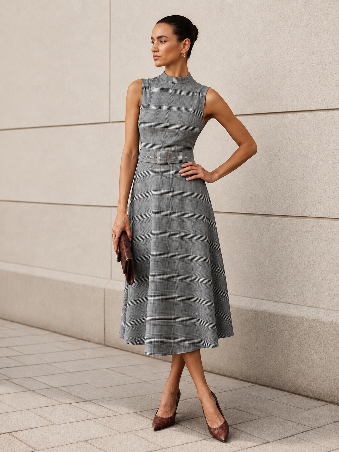 Plaid Stand Collar Belted Maxi Dress