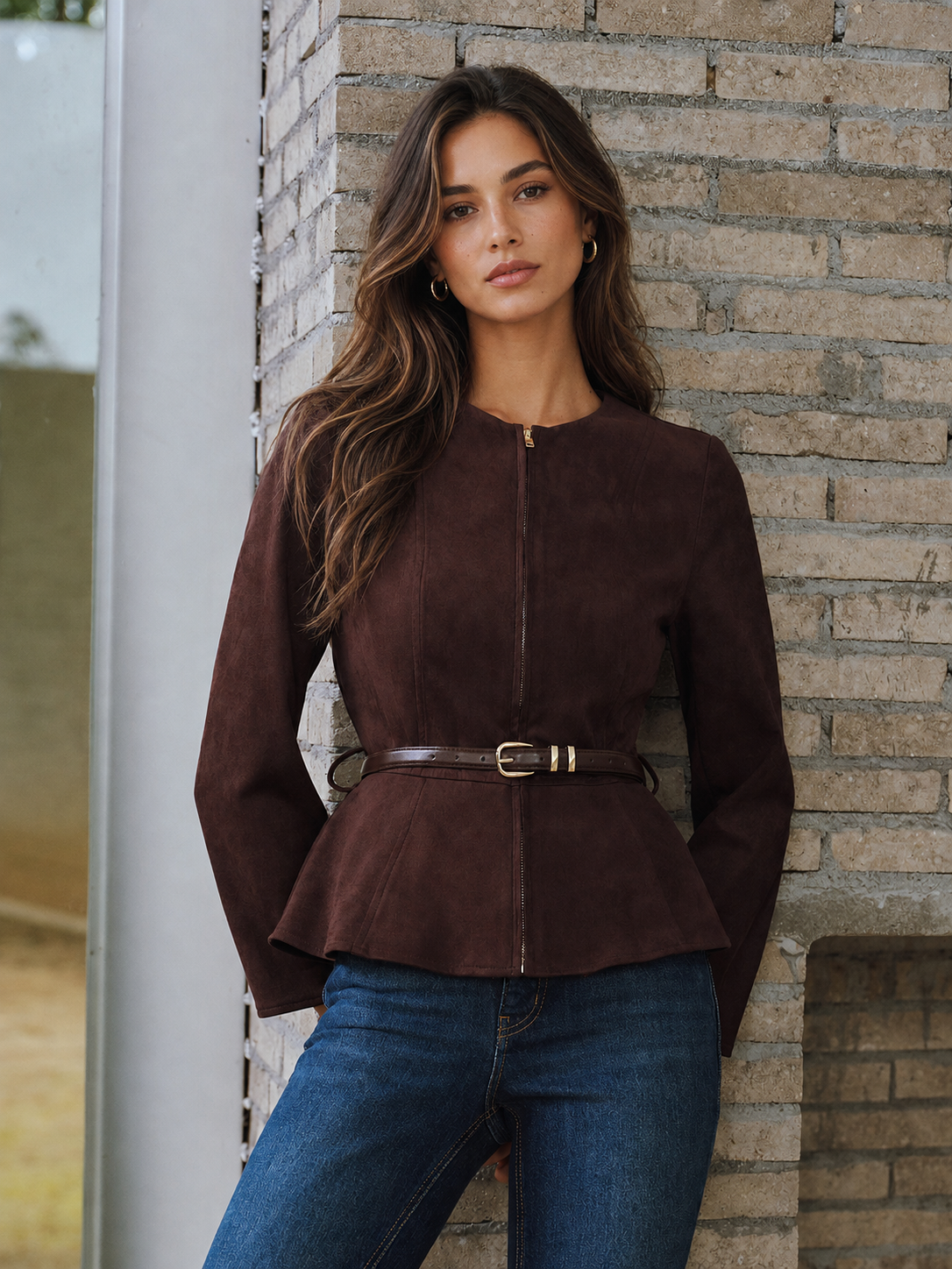 Belted Suede Effect Zipper Jacket