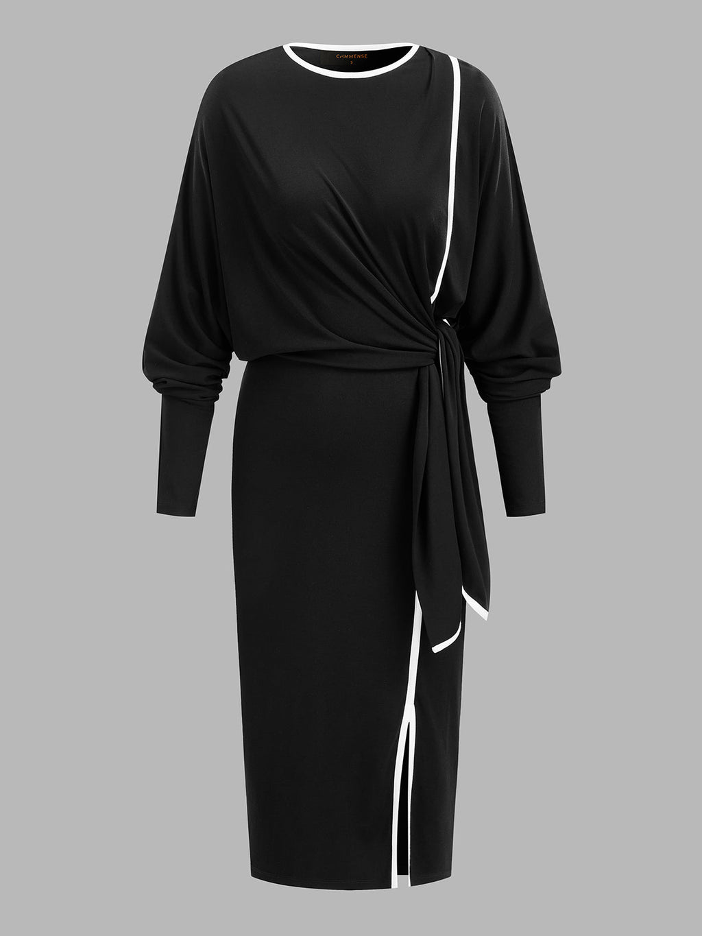 Contrast‑Piping Knotted Waist Midi Dress