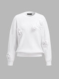 3D Rose Applique Drop‑Shoulder Knit Sweater