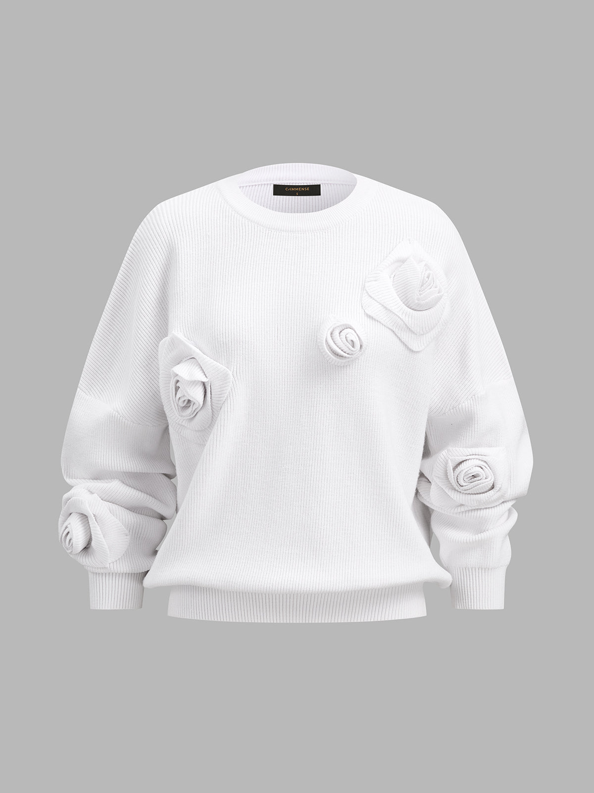 3D Rose Applique Drop‑Shoulder Knit Sweater