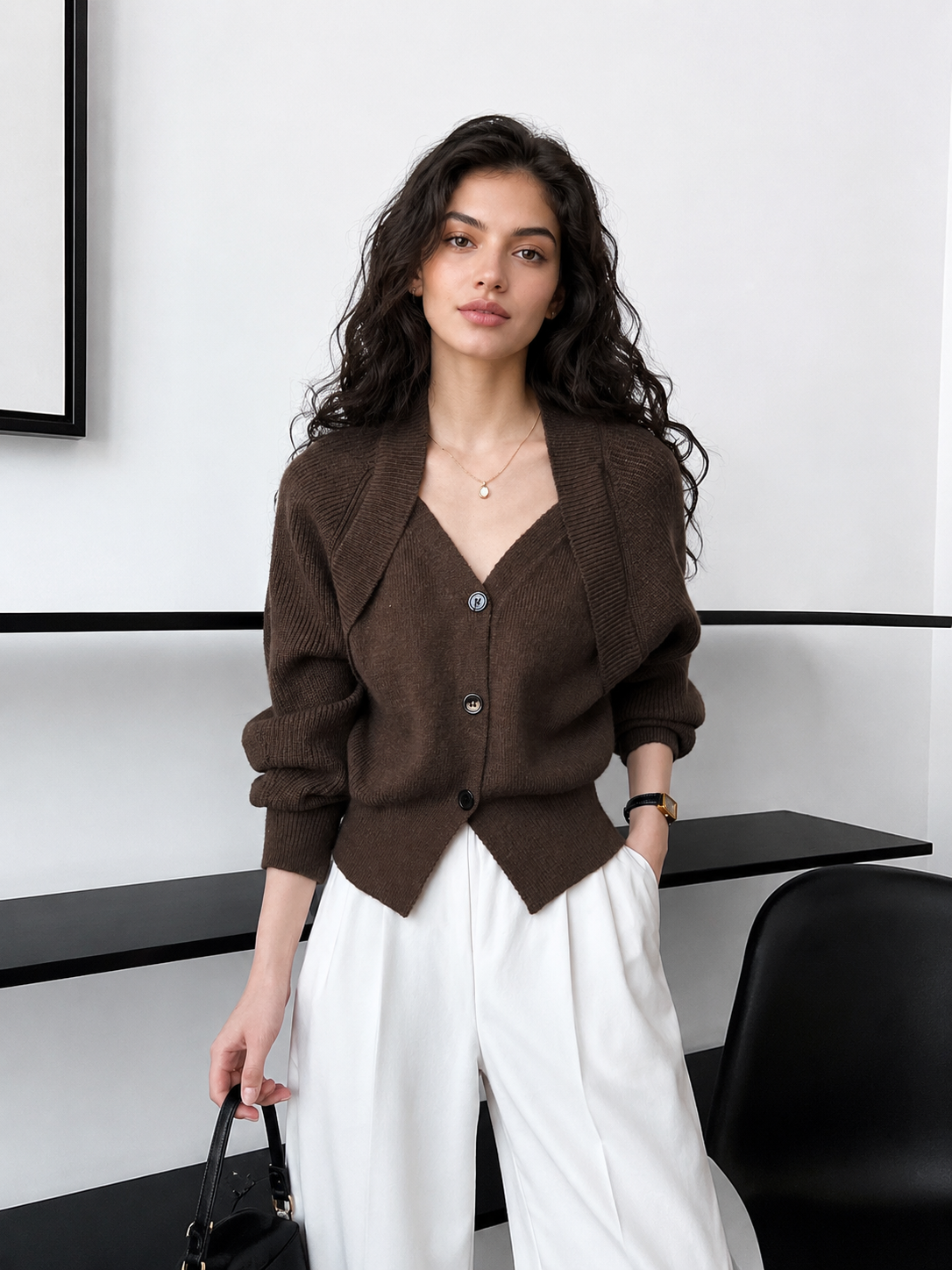 Patchwork V-neck Button Sweater