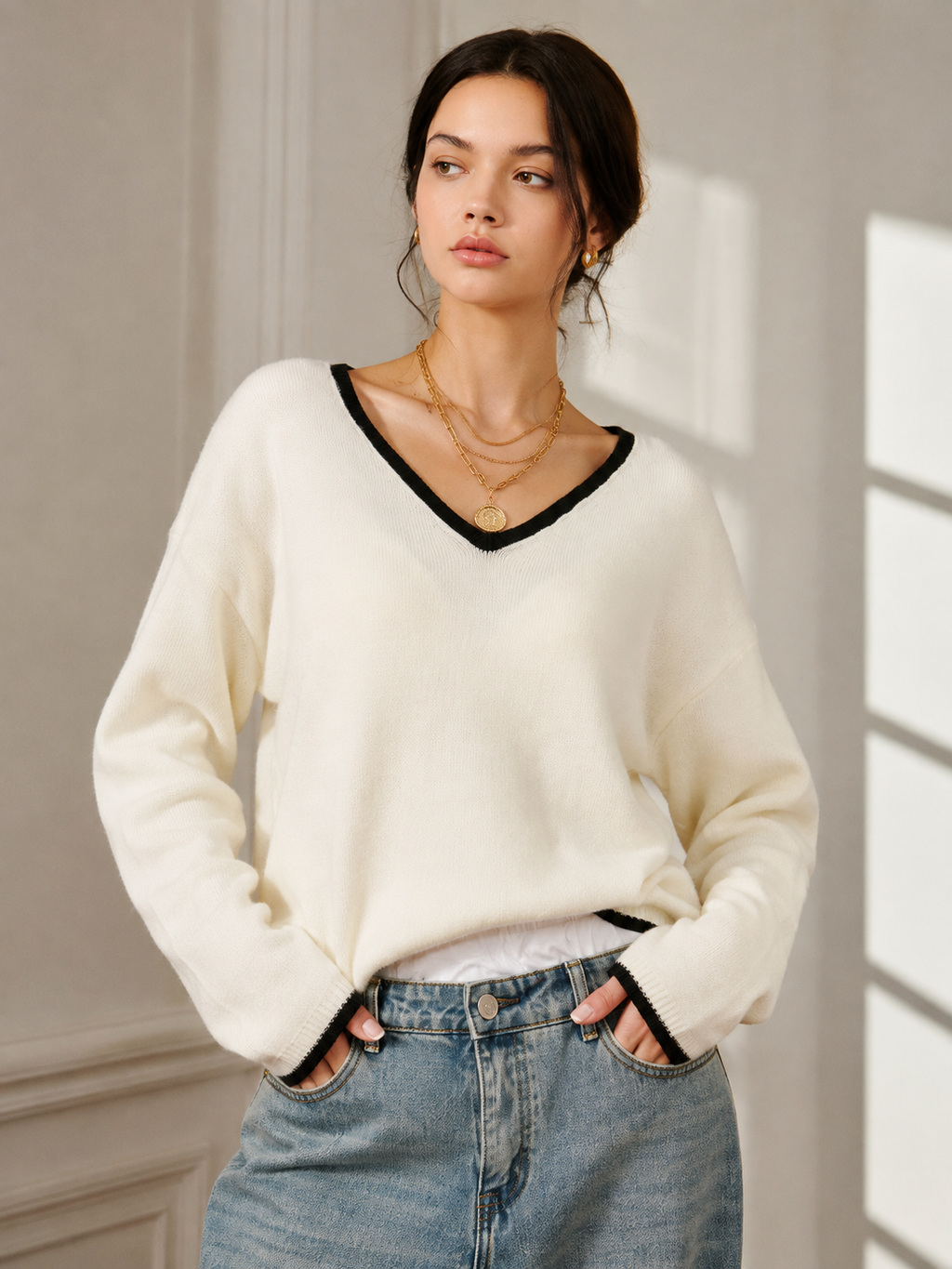 Embroidered Trim Draped Shoulder Knit Top