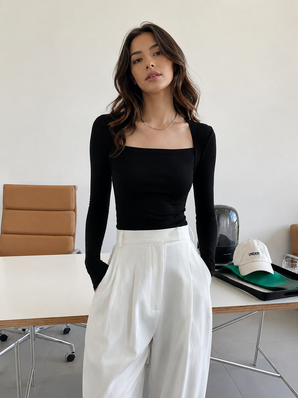 Square Neck Solid Long Sleeve Shirt