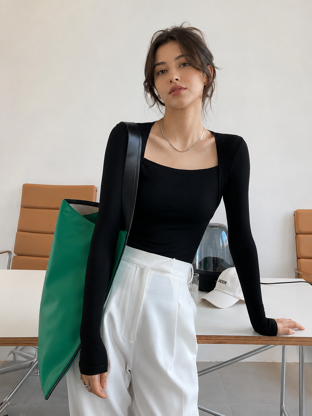 Square Neck Solid Long Sleeve Shirt