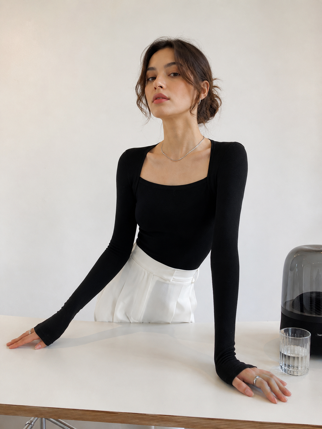 Square Neck Solid Long Sleeve Shirt