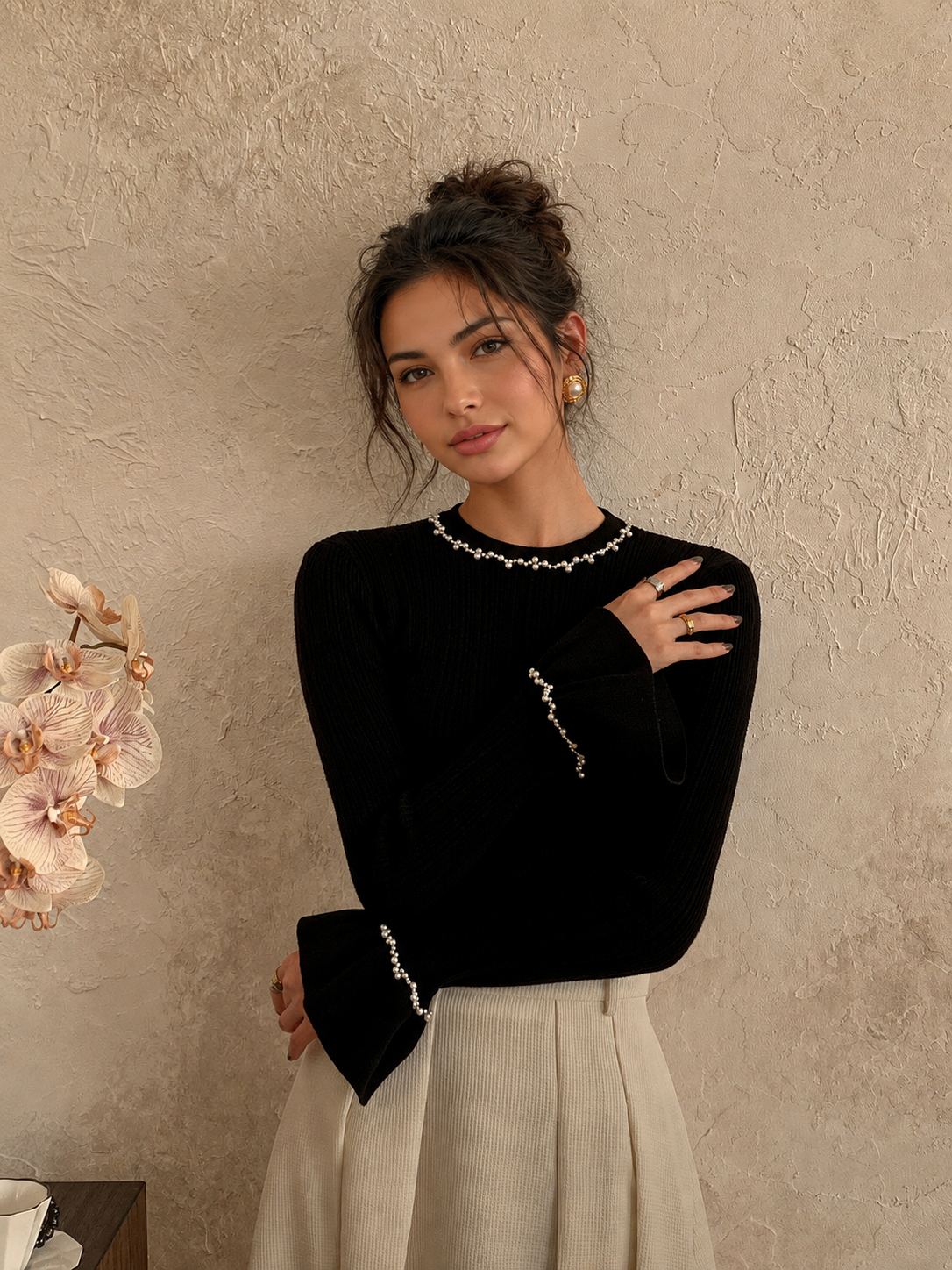 Beaded-Decor Ruffle Knit Top