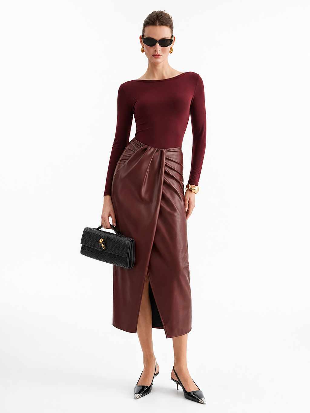 Long‑Sleeve Bodysuit Faux‑Leather Skirt Two‑Piece Set