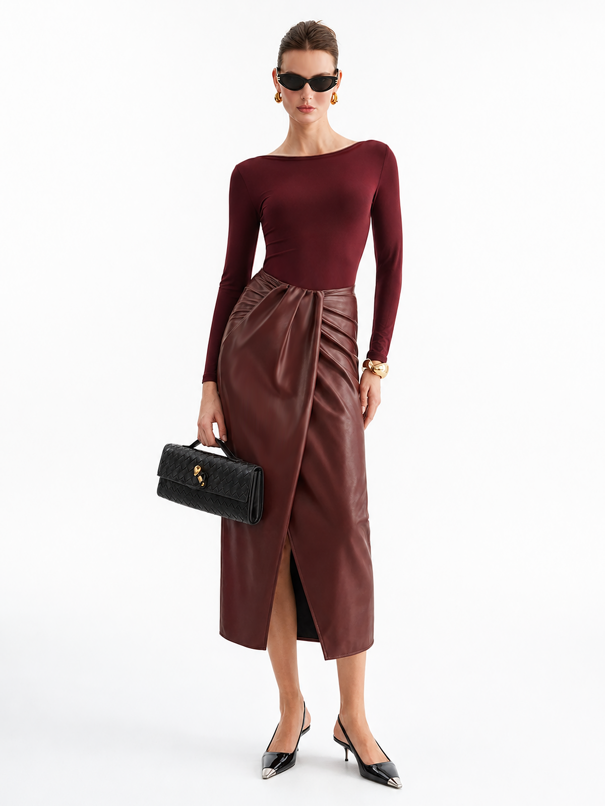 Long‑Sleeve Bodysuit Faux‑Leather Skirt Two‑Piece Set