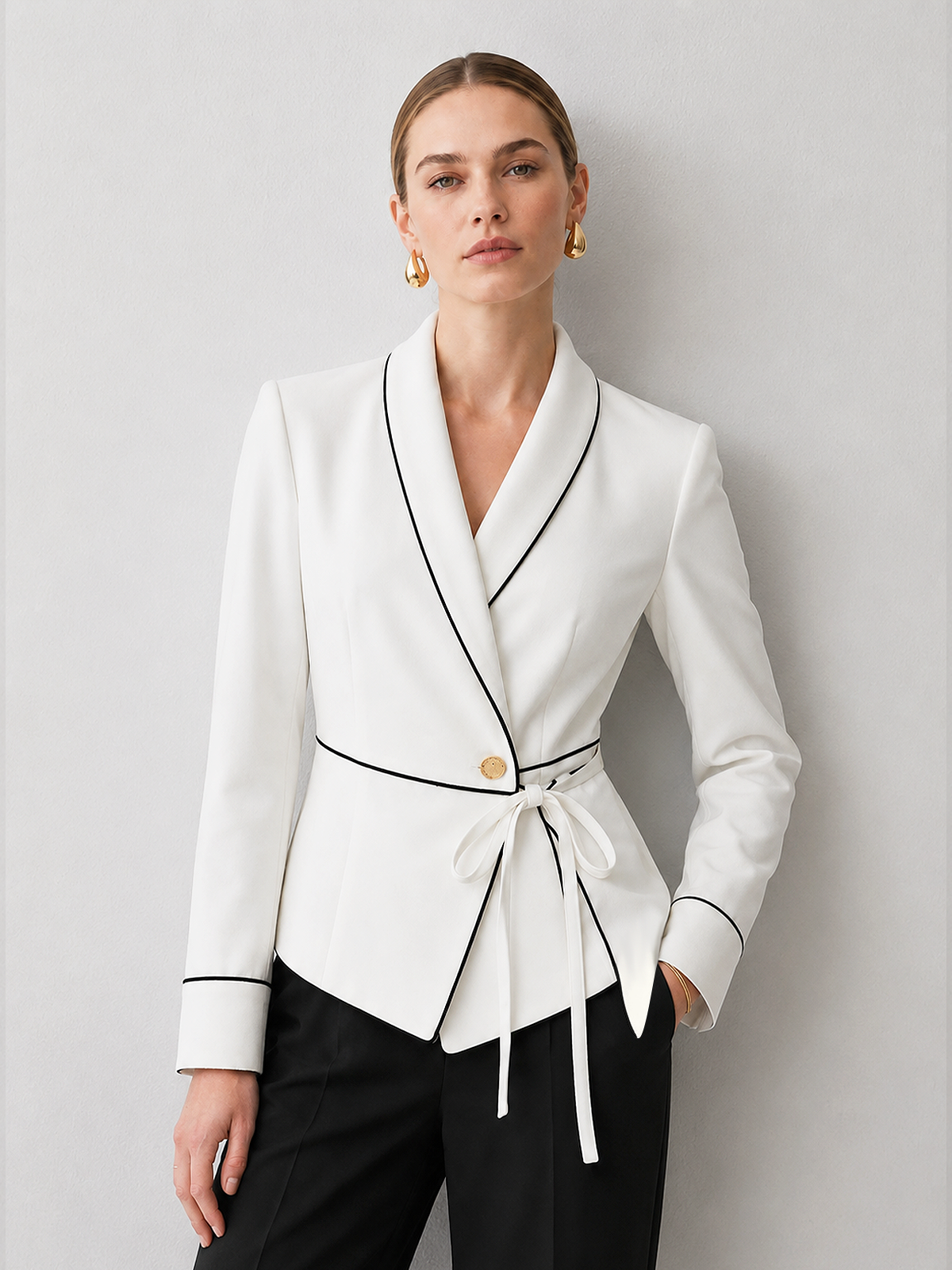 Contrast Piping Wrap Tie Waist Blazer