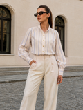 Striped Balloon Sleeve Button‑Down Shirt