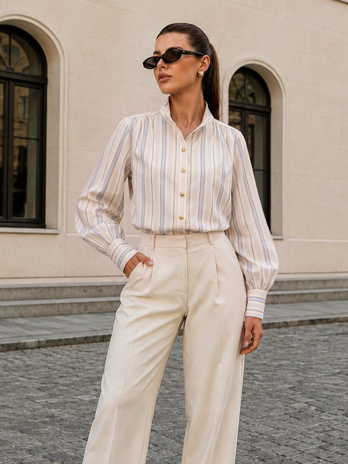 Striped Balloon Sleeve Button‑Down Shirt