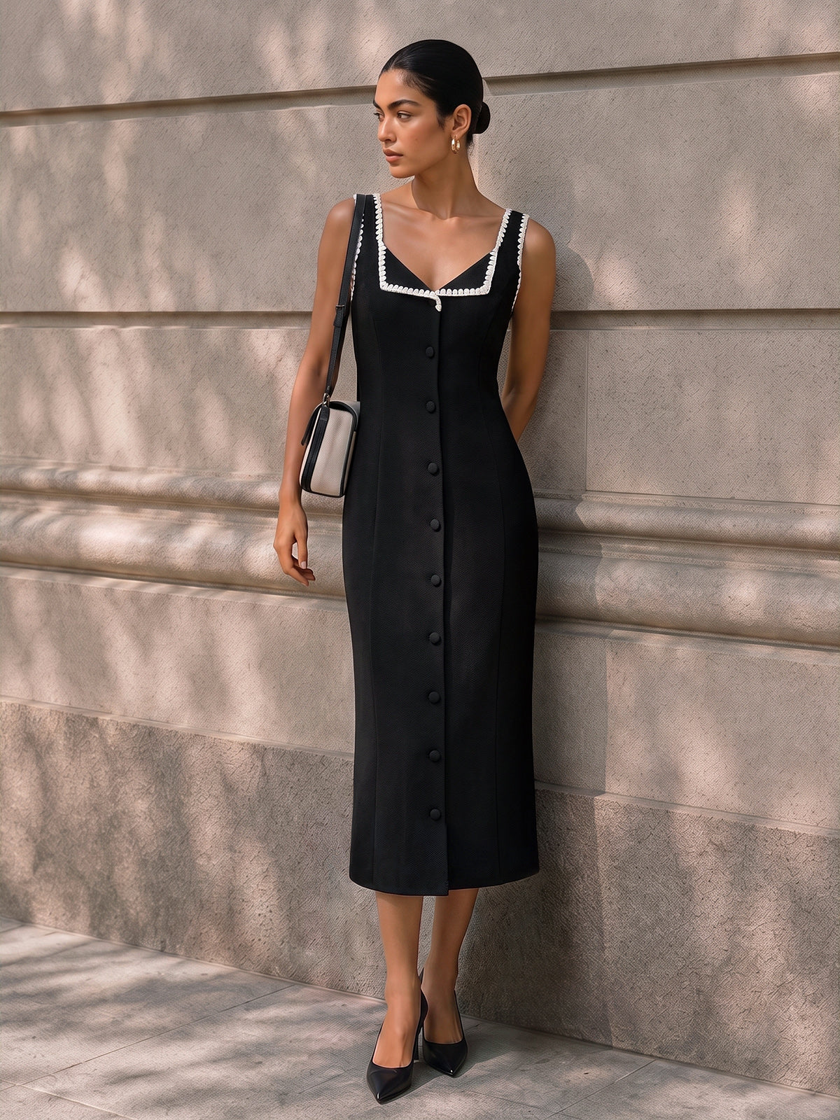 Fold‑Over Scalloped Edge Button‑Front Maxi Dress