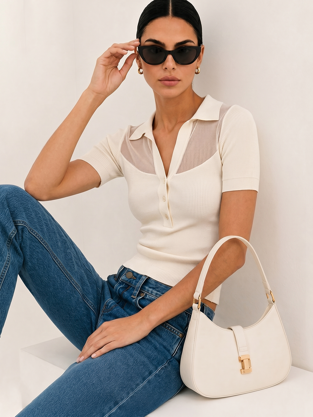 Polo Collar Sheer Panel Knit Top
