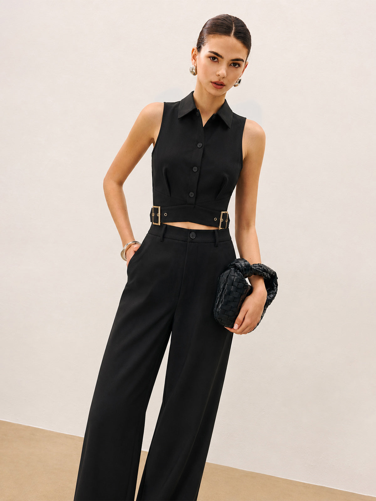 Collared Buckle Detail Vest & Pants Set