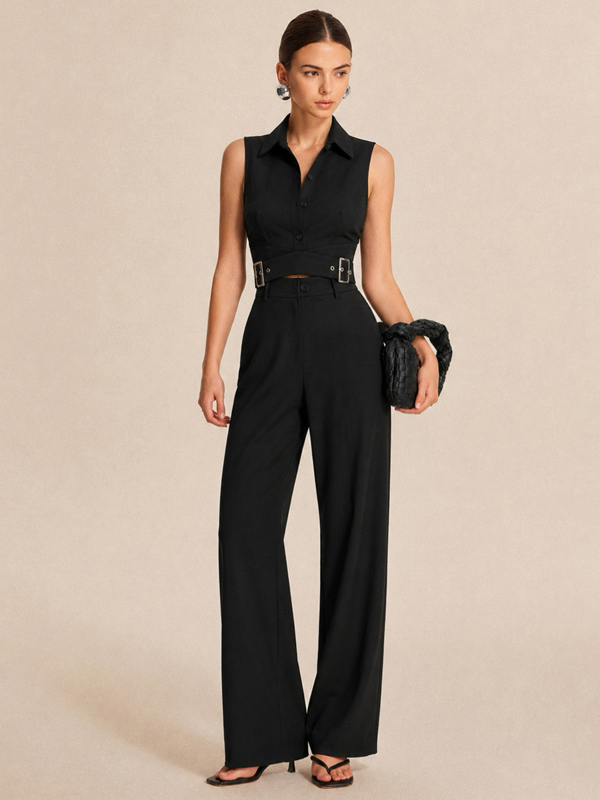 Collared Buckle Detail Vest & Pants Set