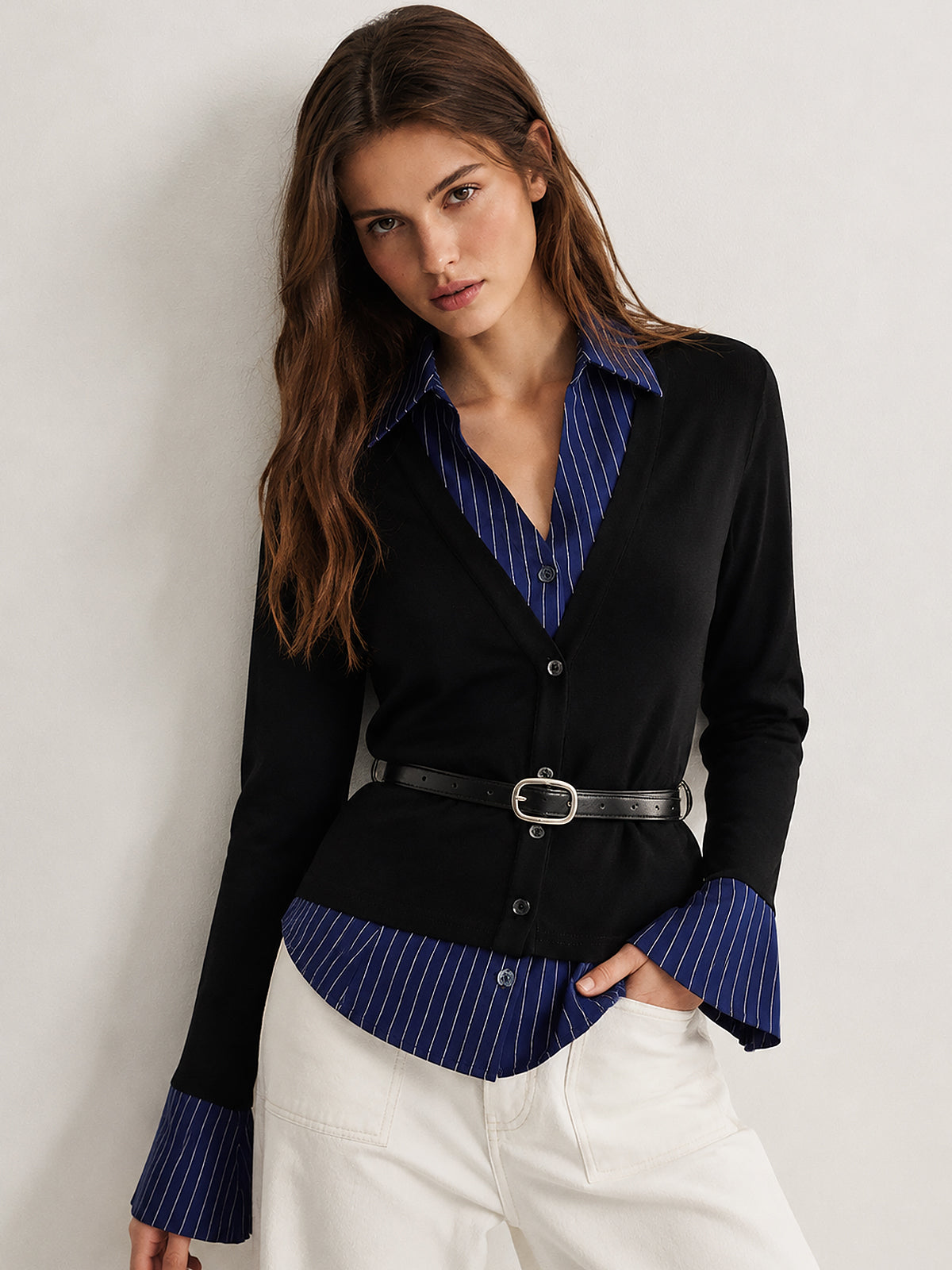 Belted Faux Two‑Piece Striped Flare‑Cuff Top