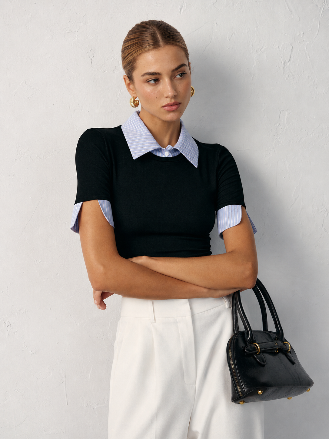 2 in 1 Paneled Collar And Cuffs Fitted T-Shirt