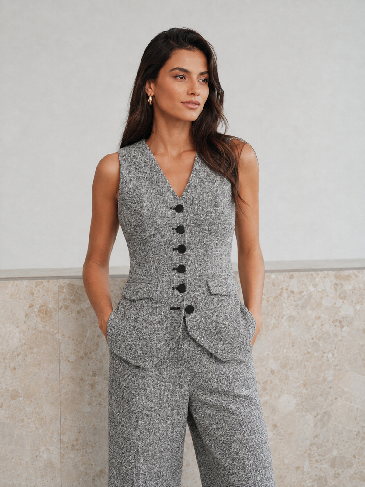Sleeveless Button Front Tweed Two‑Piece Outfit