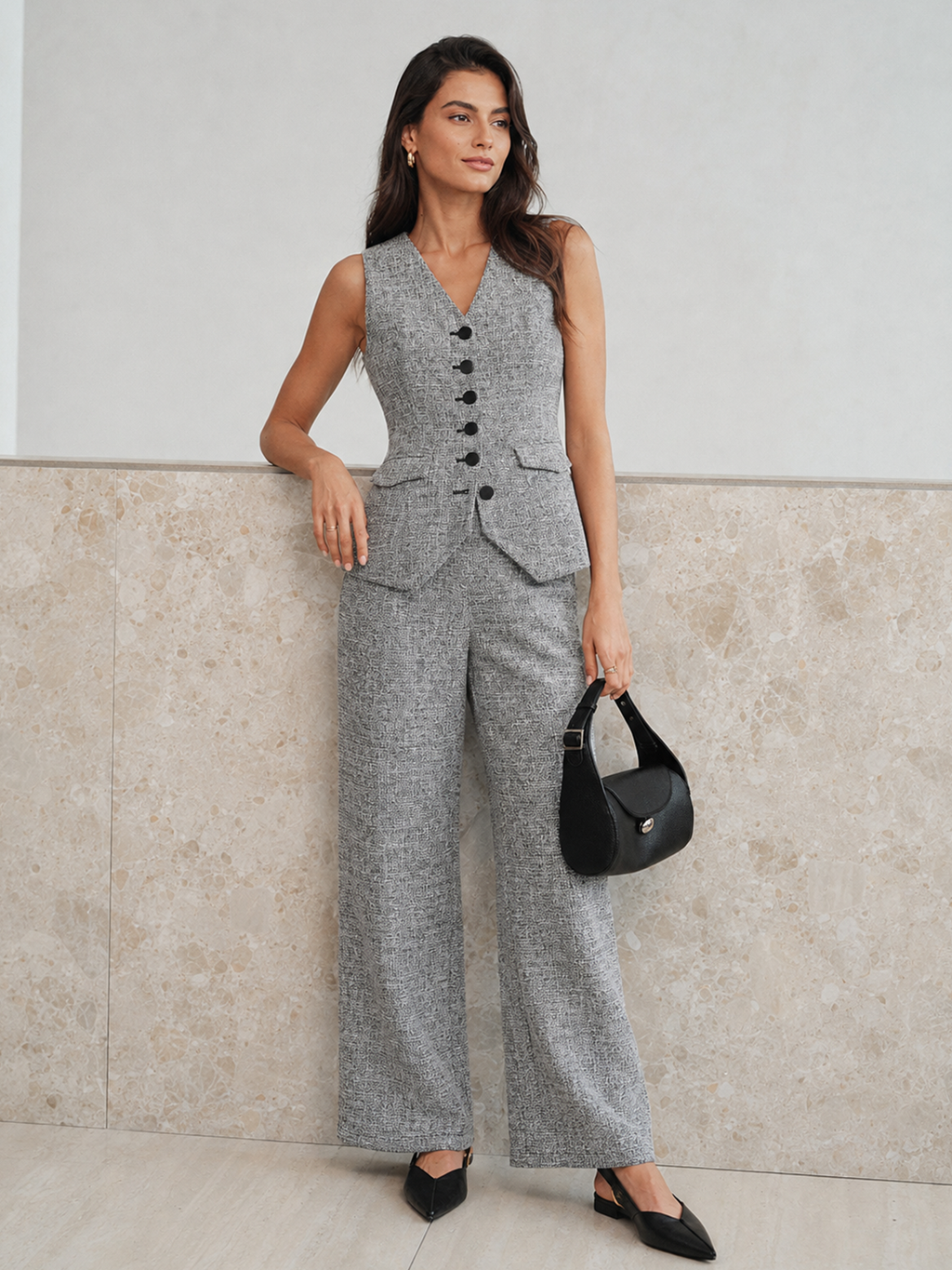 Sleeveless Button Front Tweed Two‑Piece Outfit