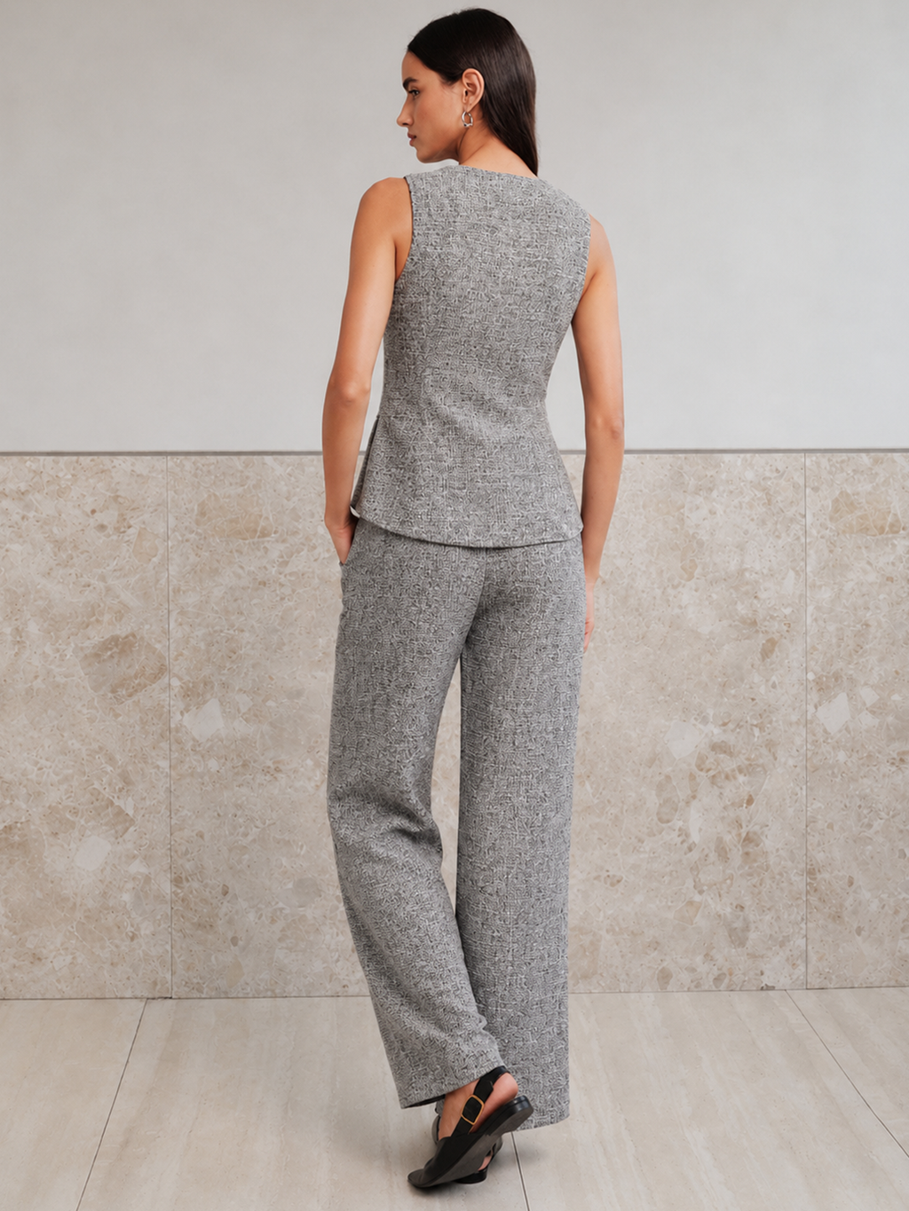 Sleeveless Button Front Tweed Two‑Piece Outfit