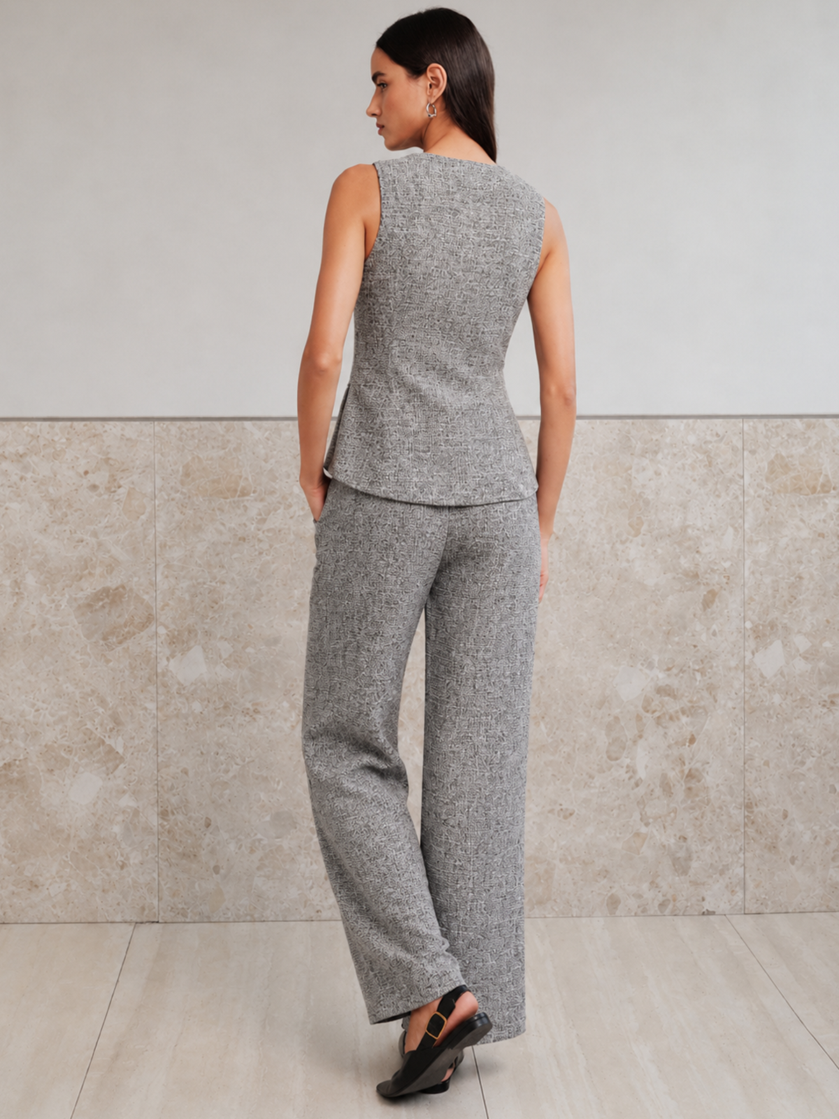 Sleeveless Button Front Tweed Two‑Piece Outfit
