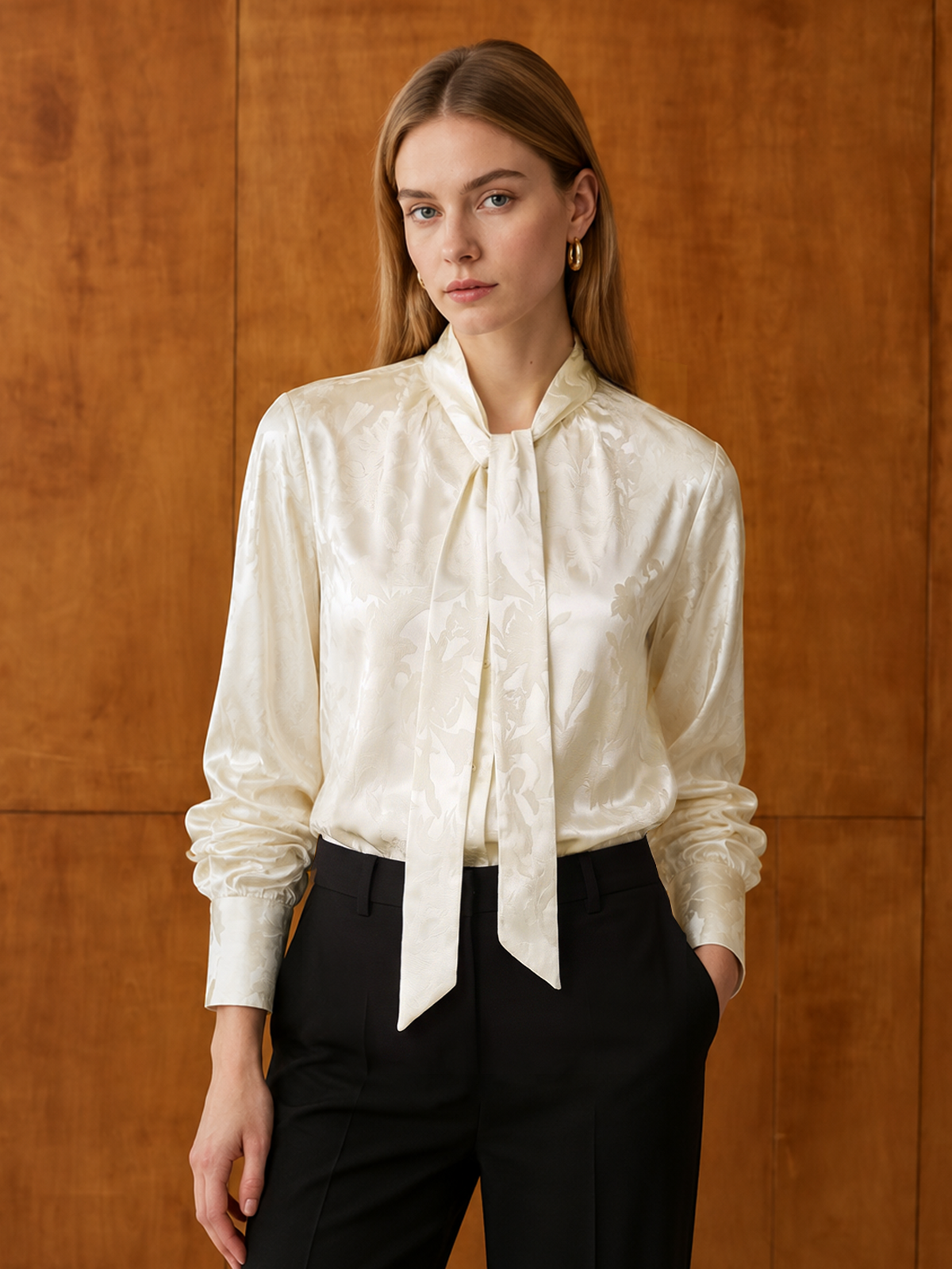Jacquard Tie‑Neck Long Sleeve Blouse