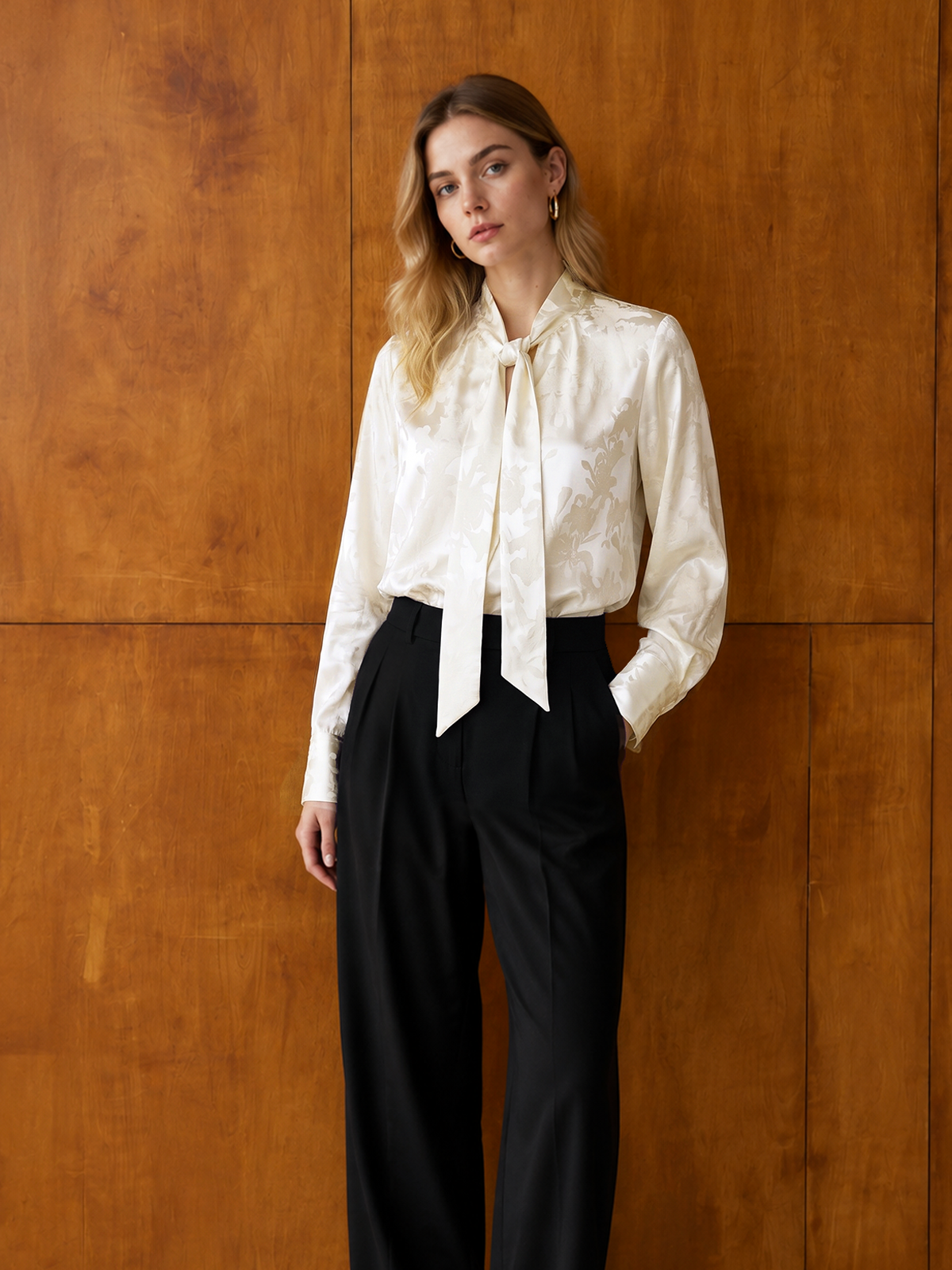 Jacquard Tie‑Neck Long Sleeve Blouse