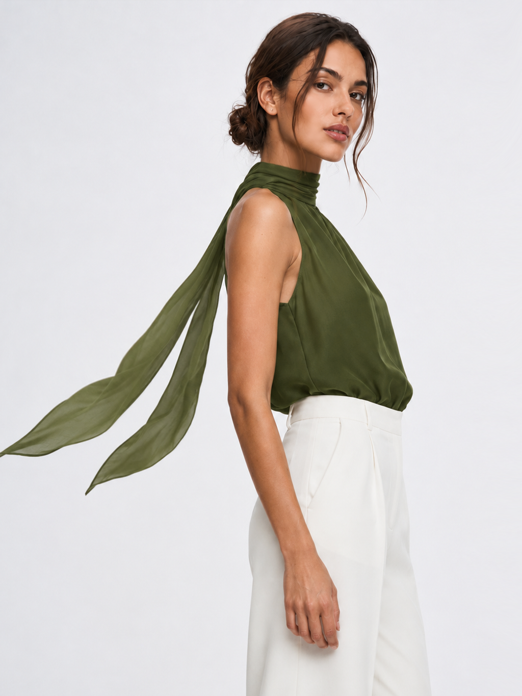 Flowy Ribbon Collar Chiffon Bodysuit