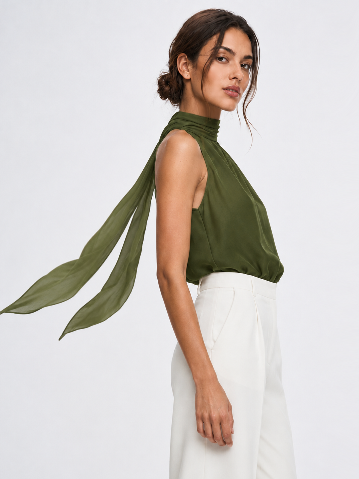 Flowy Ribbon Collar Chiffon Bodysuit