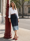 Two‑Tone Cuffed Denim Midi Pencil Skirt