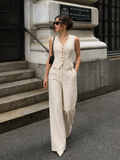V-neck button-front cropped fitted vest and wide-leg trousers set