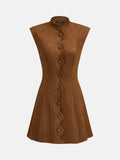 Wave Placket Stand Collar Suede Effect Dress